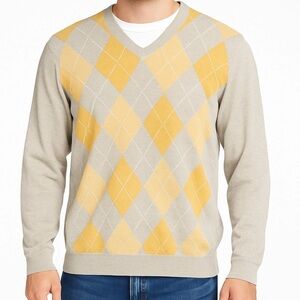Banana republic Men's cotton cashmere yellow Argyle V-Neck Sweater Size Large